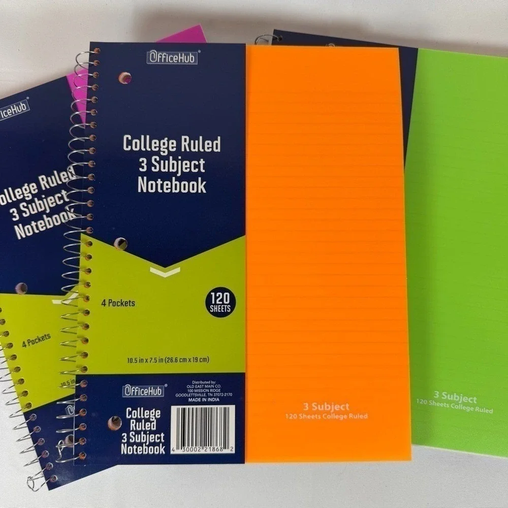 OfficeHub 3 Subject Spiral Notebooks College Ruled 120 Sheets 4 Pockets 3 Pack
